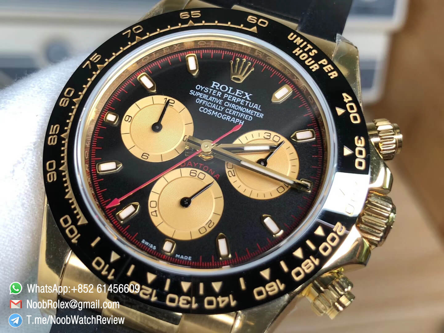 Noob Rolex Daytona 116508 Paul Newman 18K Yellow Gold Plated on 904L Steel Case Black Dial Gold Chrono Sub Dial Rubber Strap SA4130 V3 05