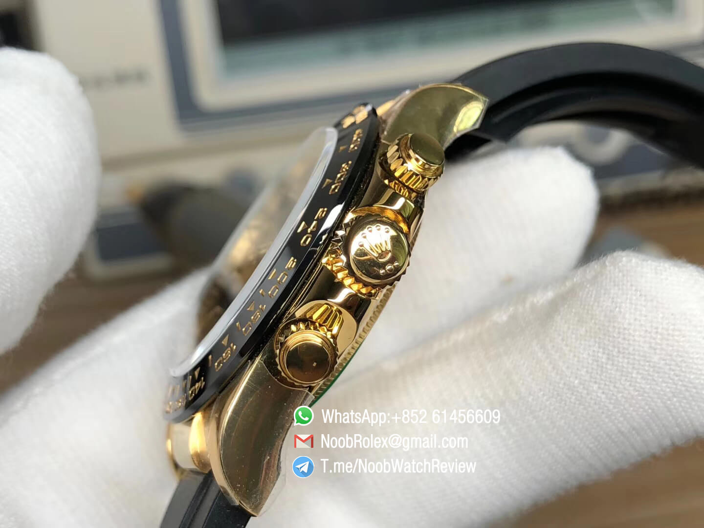 Noob Rolex Daytona 116508 Paul Newman 18K Yellow Gold Plated on 904L Steel Case Black Dial Gold Chrono Sub Dial Rubber Strap SA4130 V3 06