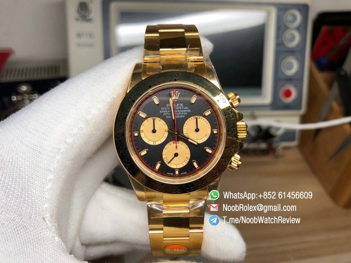 Noob Rolex Daytona 116508 Paul Newman 18K Yellow Gold Plated on 904L Steel Case and Bracelet Black Gold Dial SA4130 V3 01