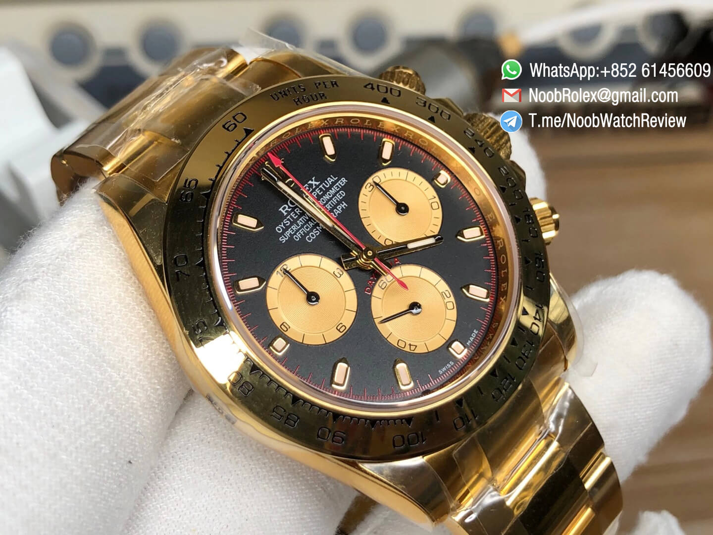 Noob Rolex Daytona 116508 Paul Newman 18K Yellow Gold Plated on 904L Steel Case and Bracelet Black Gold Dial SA4130 V3 03