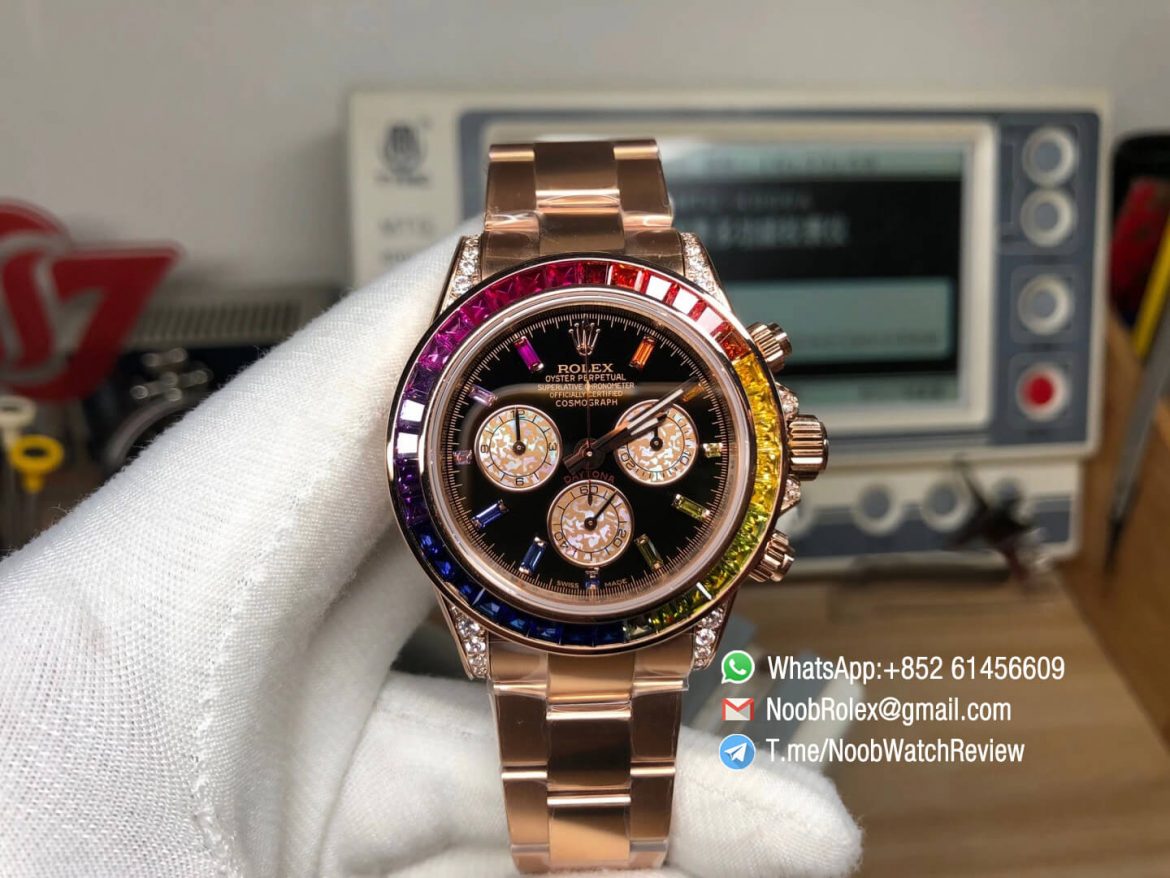 Rolex Daytona 116595RBOW Rose Gold Case Rainbow Crystal Black Dial on RG Bracelet A4130 BLF Rolex Copies 01