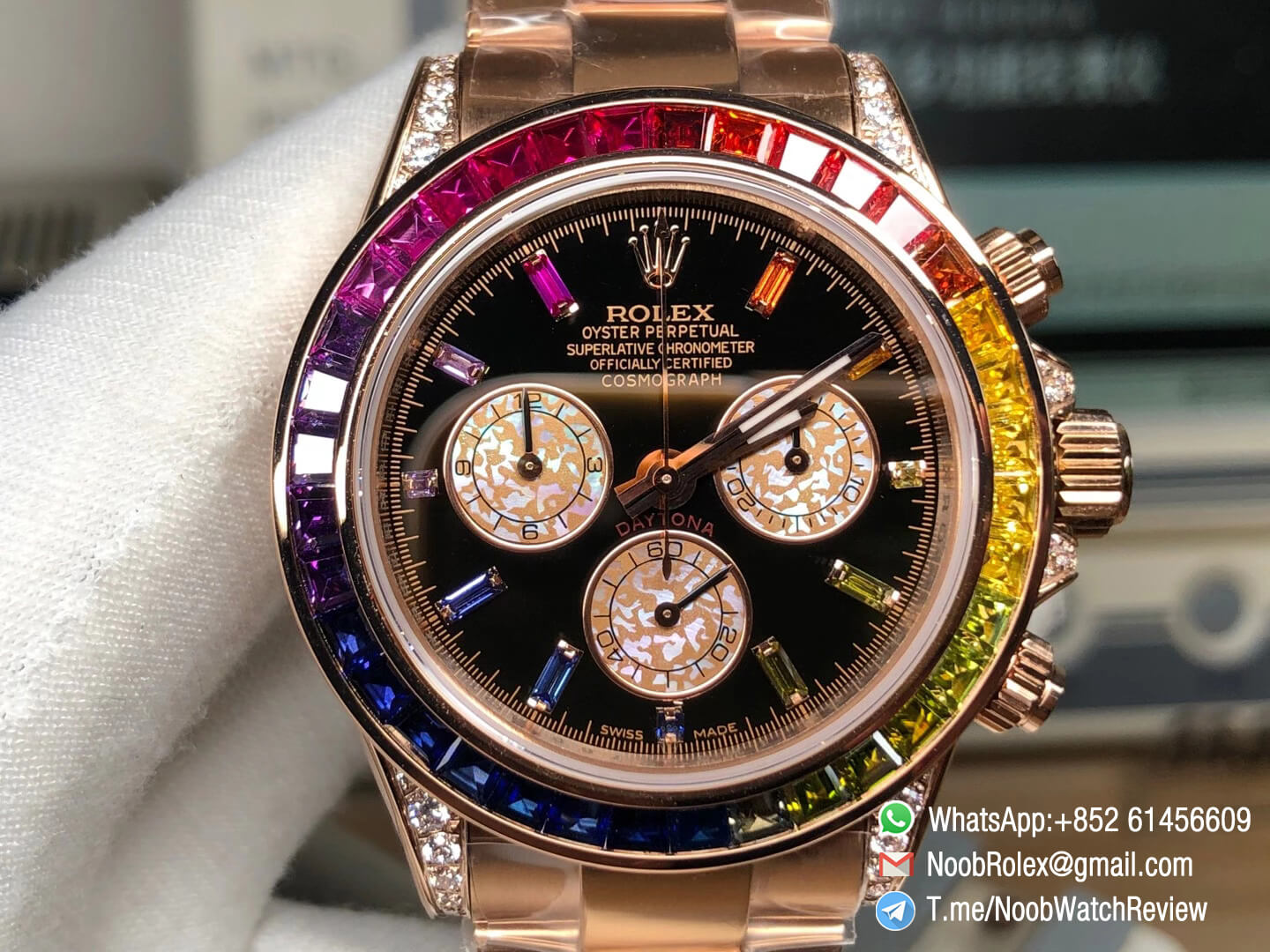 Rolex Daytona 116595RBOW Rose Gold Case Rainbow Crystal Black Dial on RG Bracelet A4130 BLF Rolex Copies 02