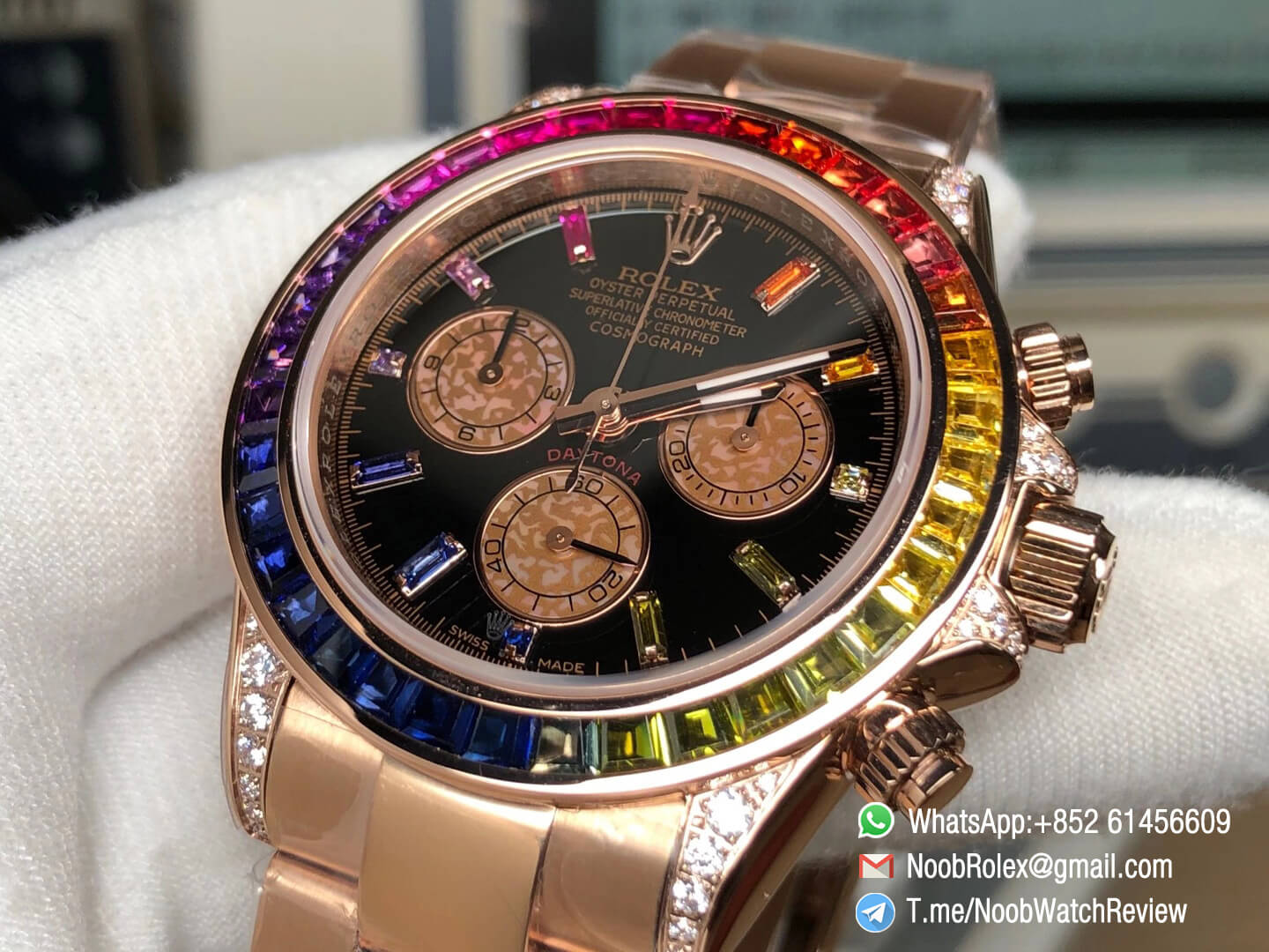 Daytona | 116595RBOW | Rose Gold Case | Rainbow Crystal Bezel | Black ...