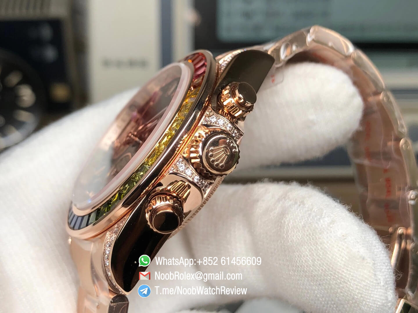 Rolex Daytona 116595RBOW Rose Gold Case Rainbow Crystal Black Dial on RG Bracelet A4130 BLF Rolex Copies 05