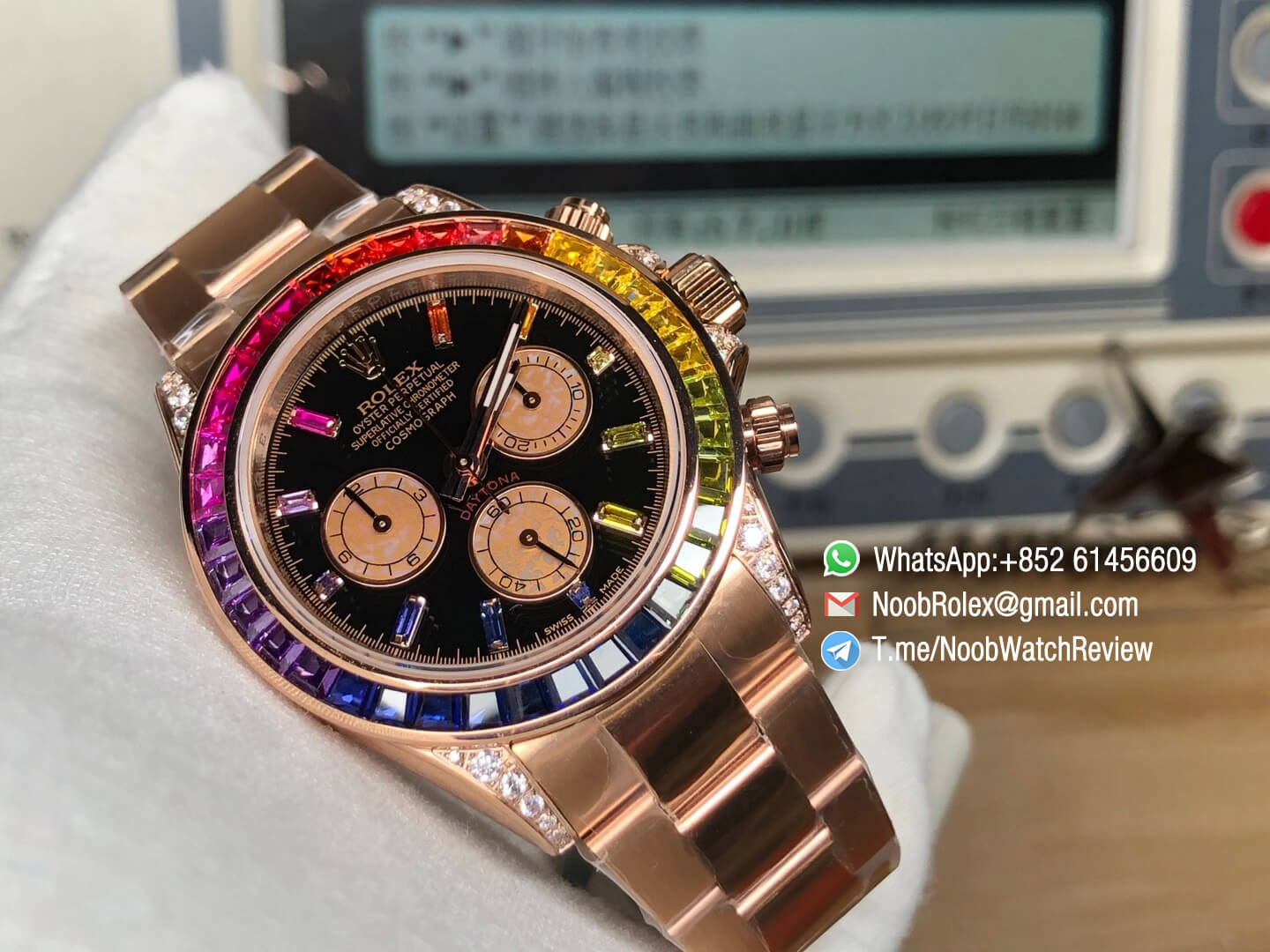 Rolex Daytona 116595RBOW Rose Gold Case Rainbow Crystal Black Dial on RG Bracelet A4130 BLF Rolex Copies 08
