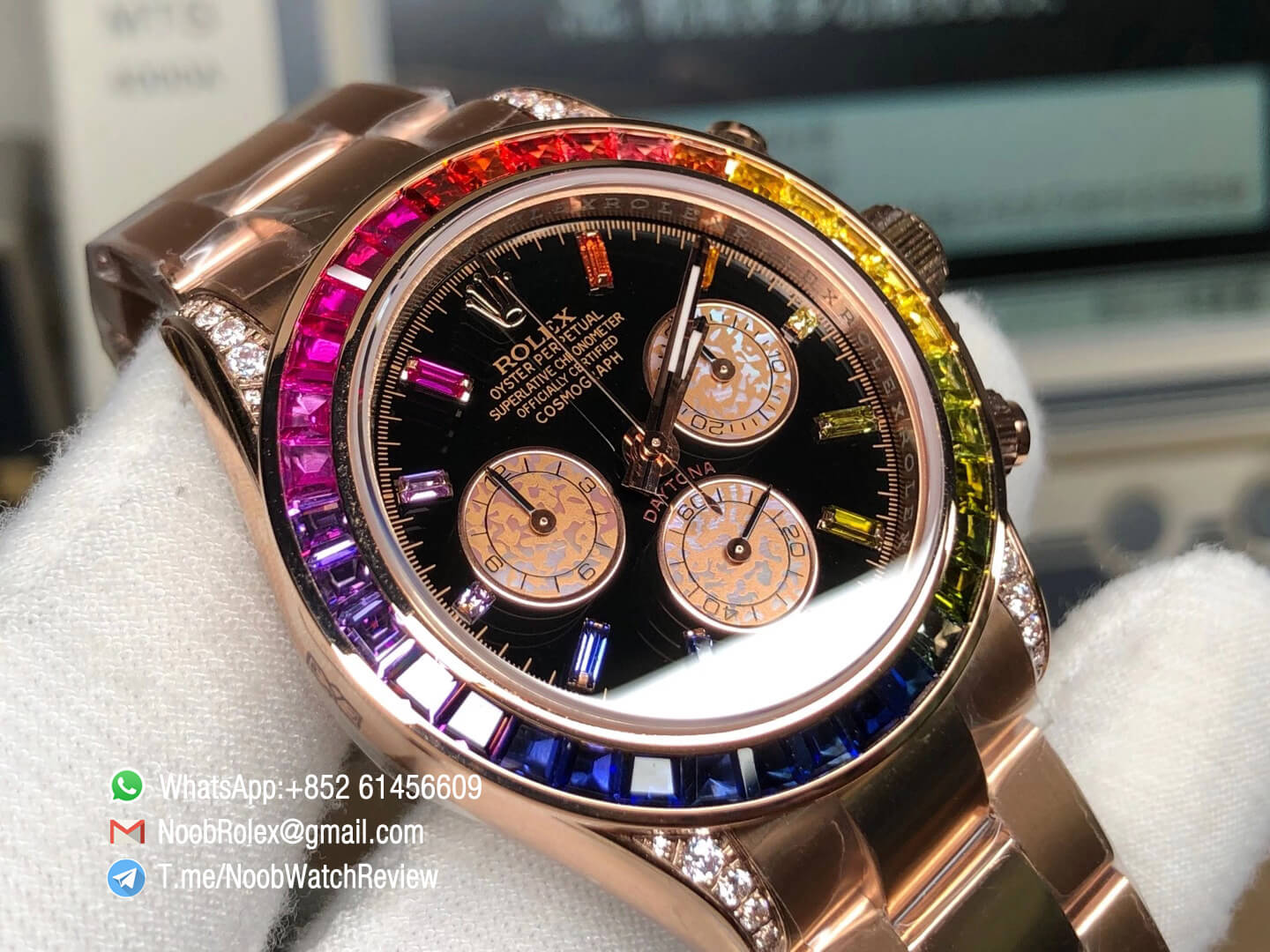 Rolex Daytona 116595RBOW Rose Gold Case Rainbow Crystal Black Dial on RG Bracelet A4130 BLF Rolex Copies 09