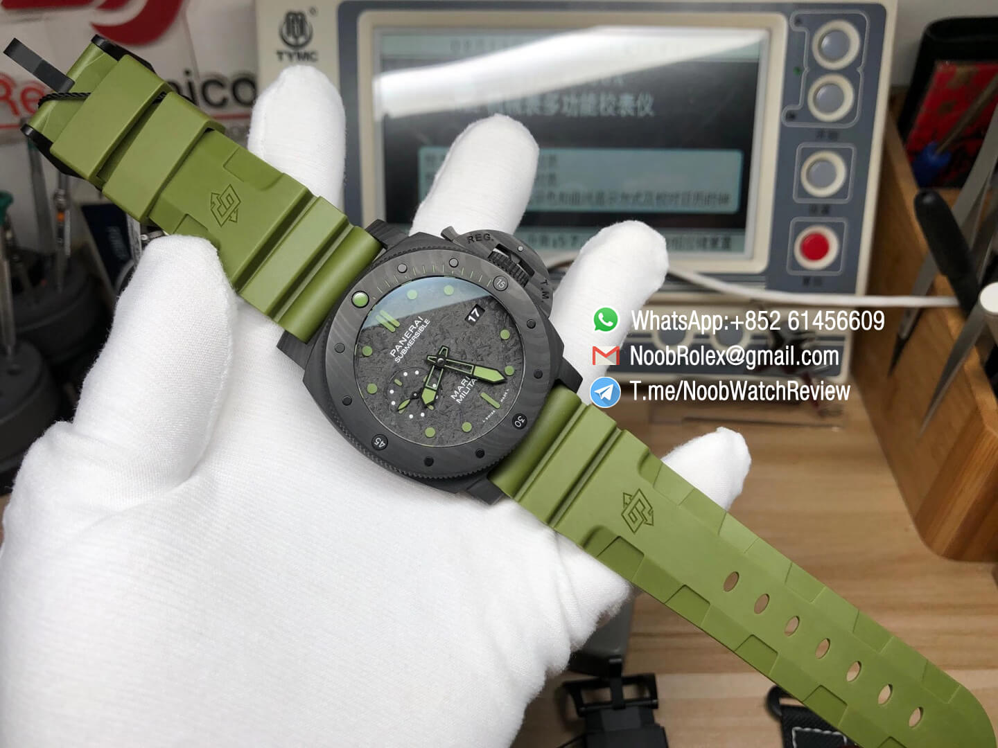 VSF Superclone Panerai Submersible PAM00961 Carbotech Case Carbon Texture Dialon Green Rubber Strap P9010 Clone Movement 09