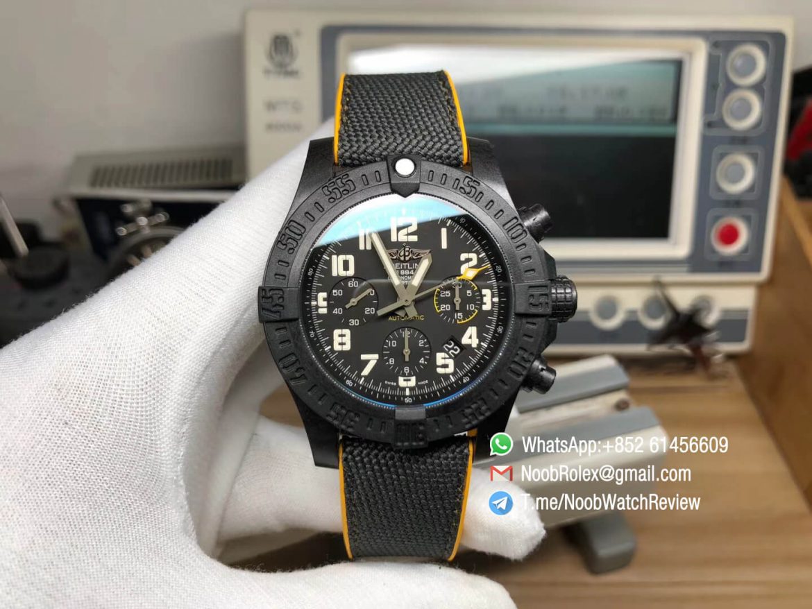 GF Superclone Breitling Avenger Hurricane 45mm Chrono Carbon Case Black Dial on Black Nylon Strap A7750 01