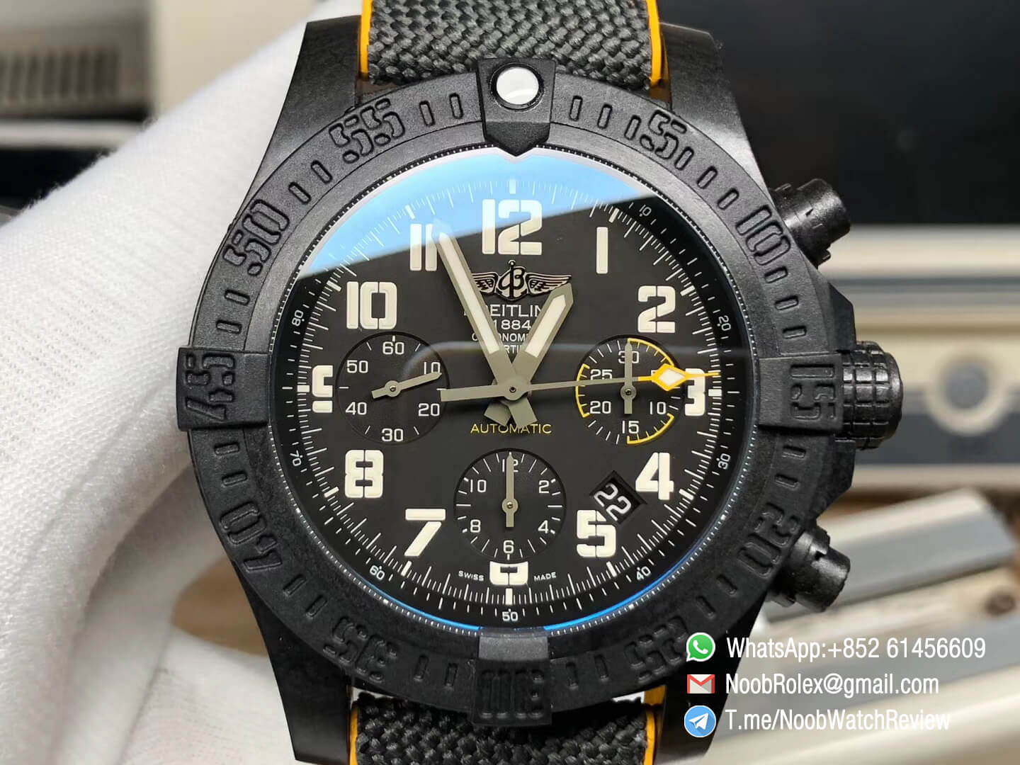 GF Superclone Breitling Avenger Hurricane 45mm Chrono Carbon Case Black Dial on Black Nylon Strap A7750 02