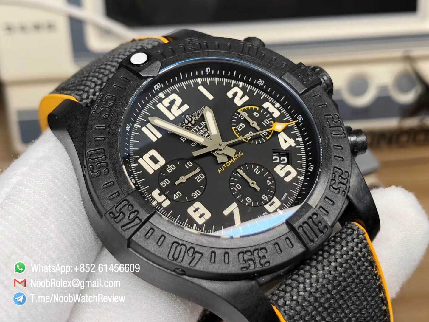 GF Superclone Breitling Avenger Hurricane 45mm Chrono Carbon Case Black Dial on Black Nylon Strap A7750 03