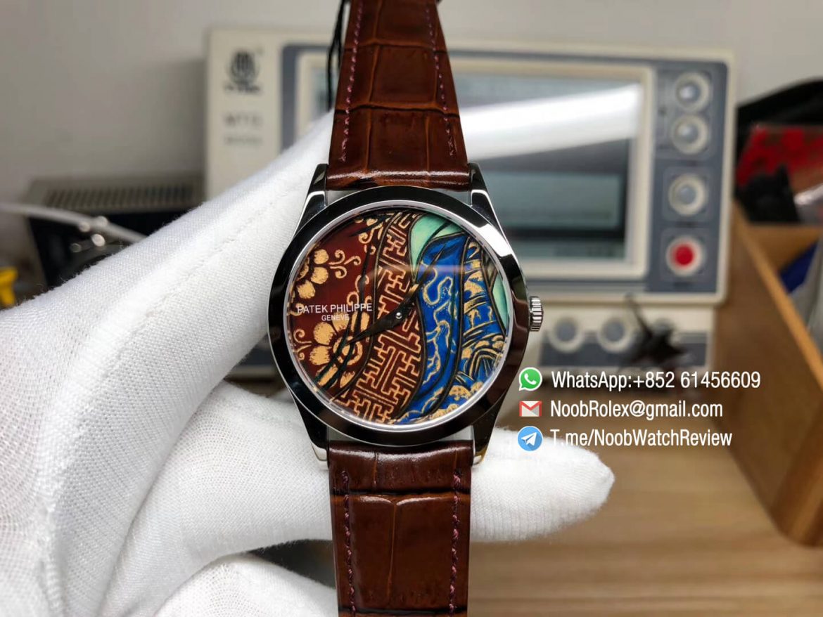 FLF Best Clone Watch Patek Philippe Calatrava Bhutan Textiles 5077P 102 on Brown Leather Strap A240 Micro Rotor 01