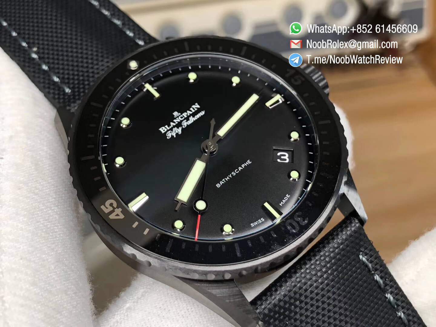 ZF Top Clone Blancpain Fifty Fathoms Bathyscaphe Black Ceramic Bezel Black Dial on Black Sail Canvas Strap A1315 03
