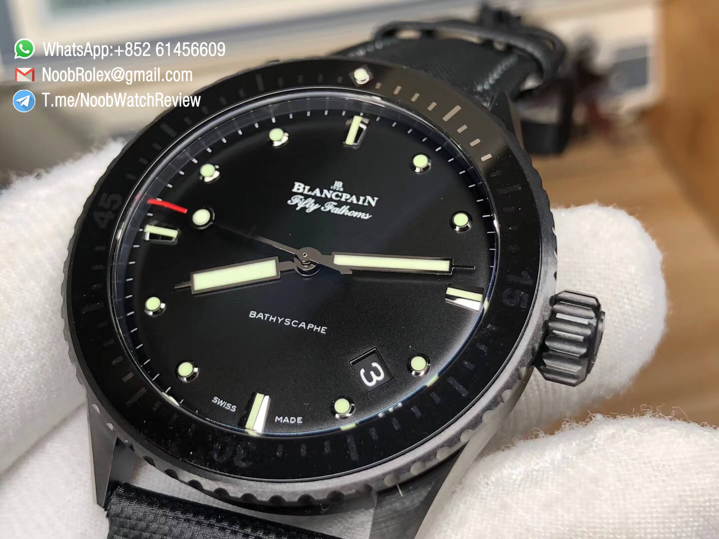 ZF Top Clone Blancpain Fifty Fathoms Bathyscaphe Black Ceramic Bezel Black Dial on Black Sail Canvas Strap A1315 05