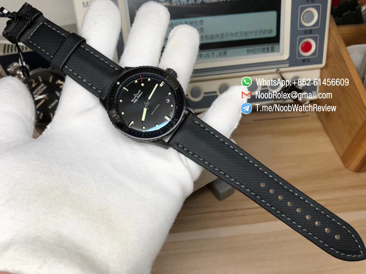 ZF Top Clone Blancpain Fifty Fathoms Bathyscaphe Black Ceramic Bezel Black Dial on Black Sail Canvas Strap A1315 09